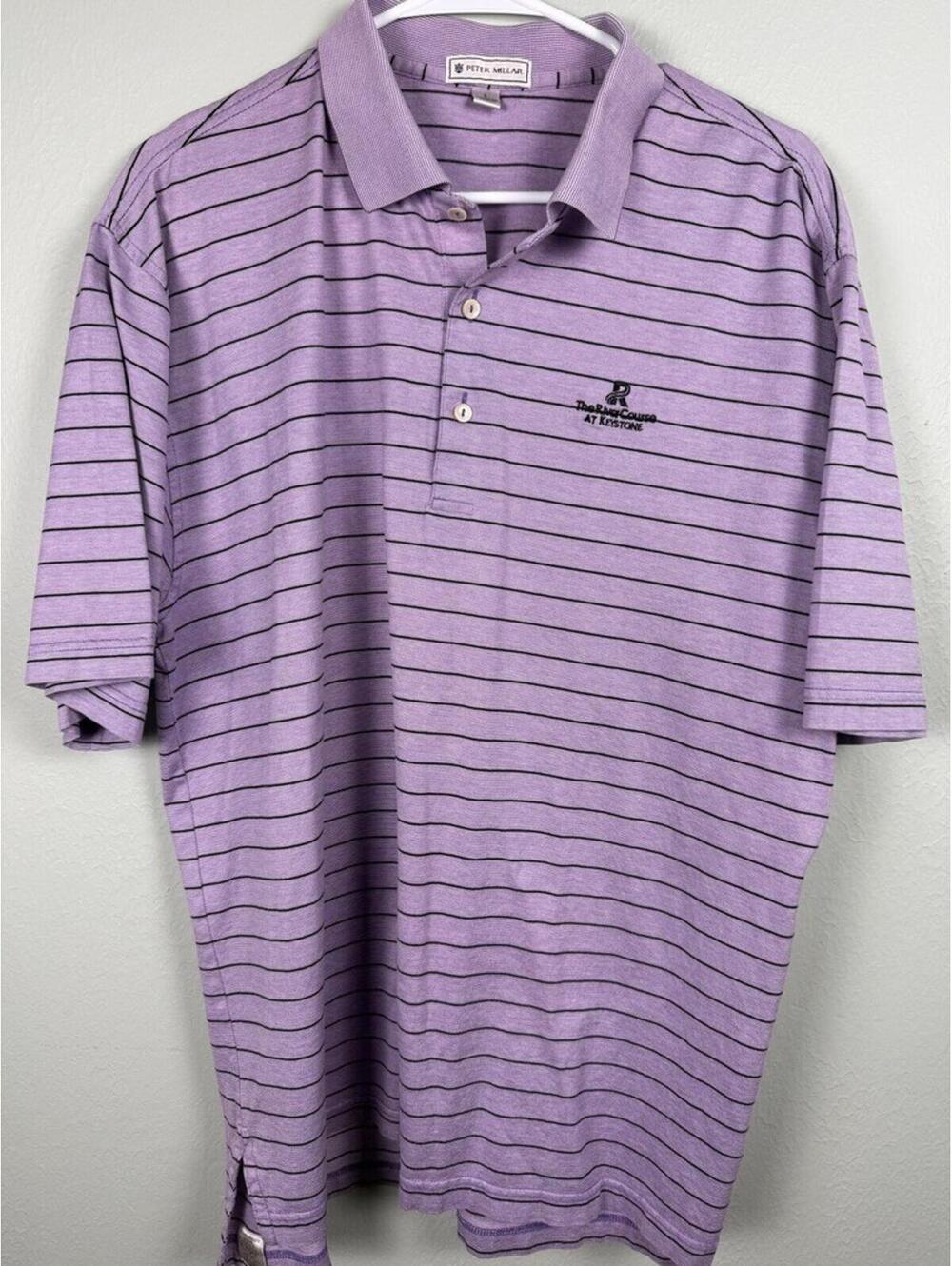 Peter Millar Striped Golf Polo Shirt Purple The River Course at Keystone Men's L
